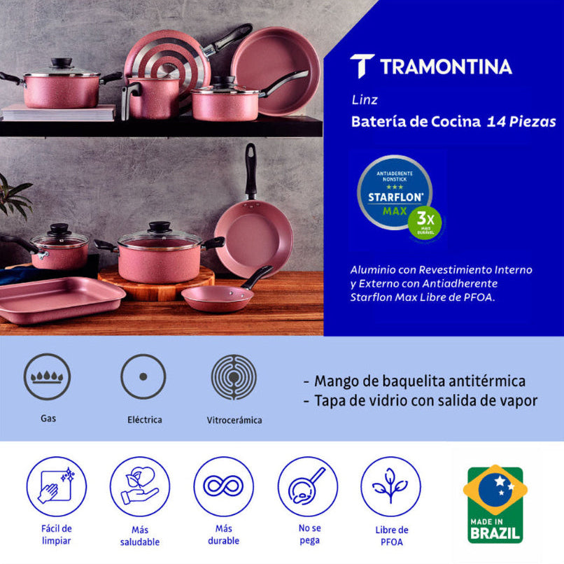 Batería De Cocina 14Pz. Starflon Linz Rosa Tramontina 28299/407